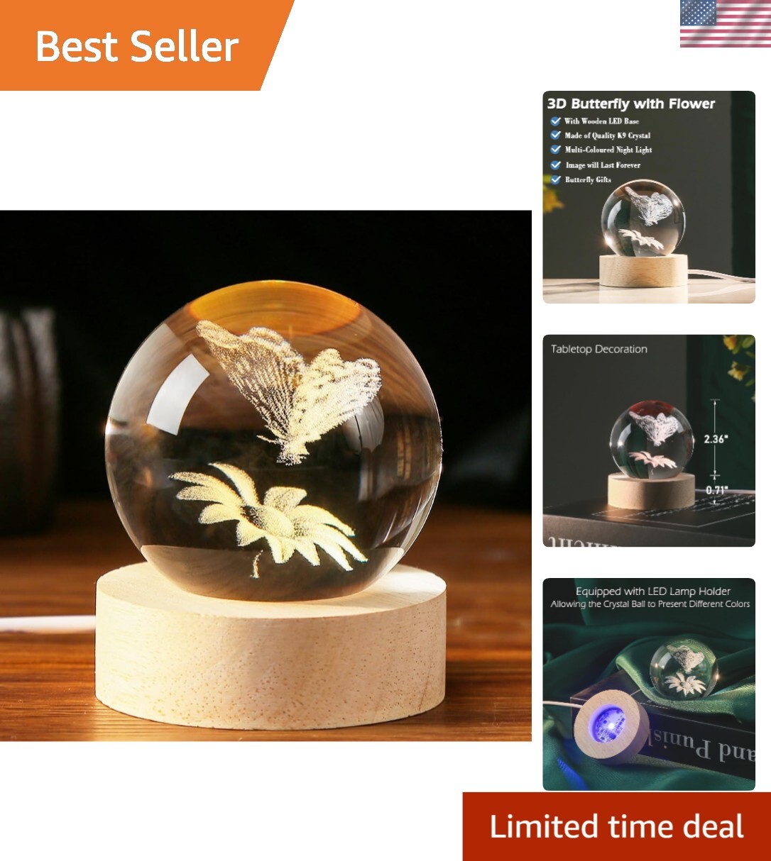 Charming Butterfly Crystal Ball with Polished Wood Base – Decorative Table Lamp