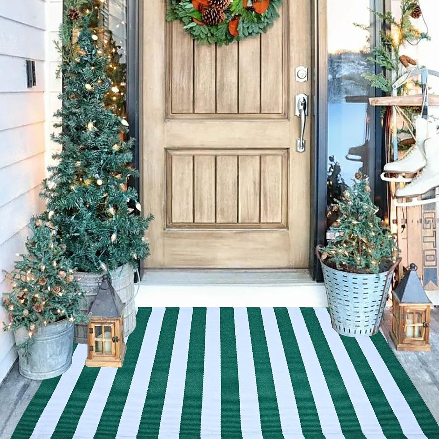 Green & White Striped Rug, 2’4″ X 3’7″ Indoor/Outdoor Area Rug for Front Porch,