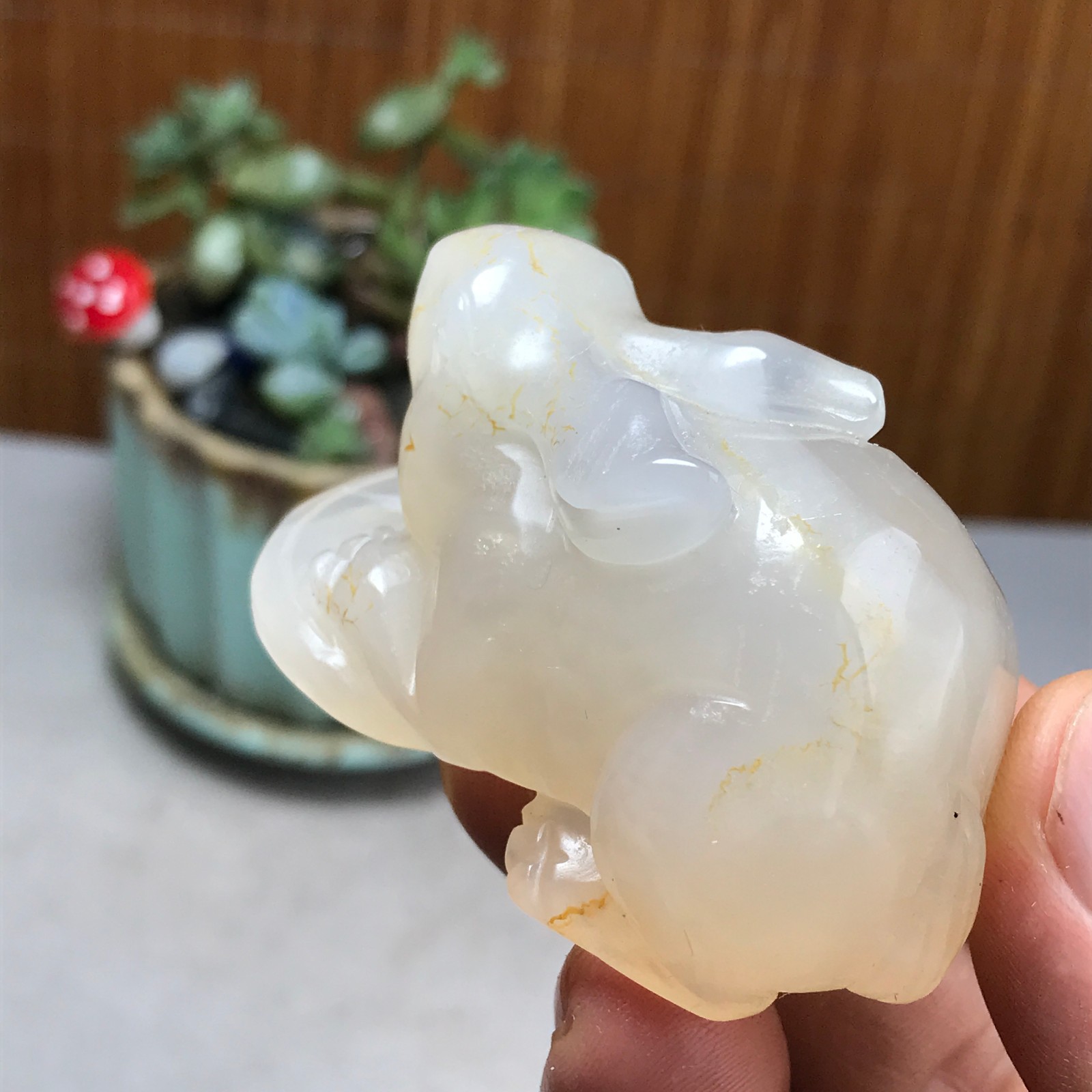 Natural agate carve Rabbit & Copper Coin Figurine, Feng Shui Wealth Luck 83