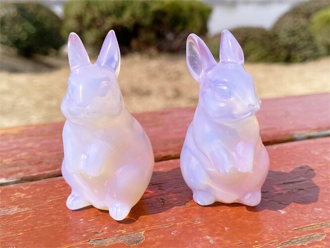 2″ Hand Carved Pink opalite Rabbit Reiki Quartz Crystal Skull Figurines decor 1x