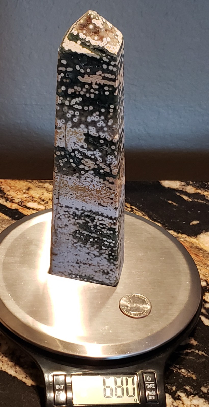 8.25″ Natural 8th Vein Orbicular Ocean Jasper Crystal Tower Obelisk Point Wand
