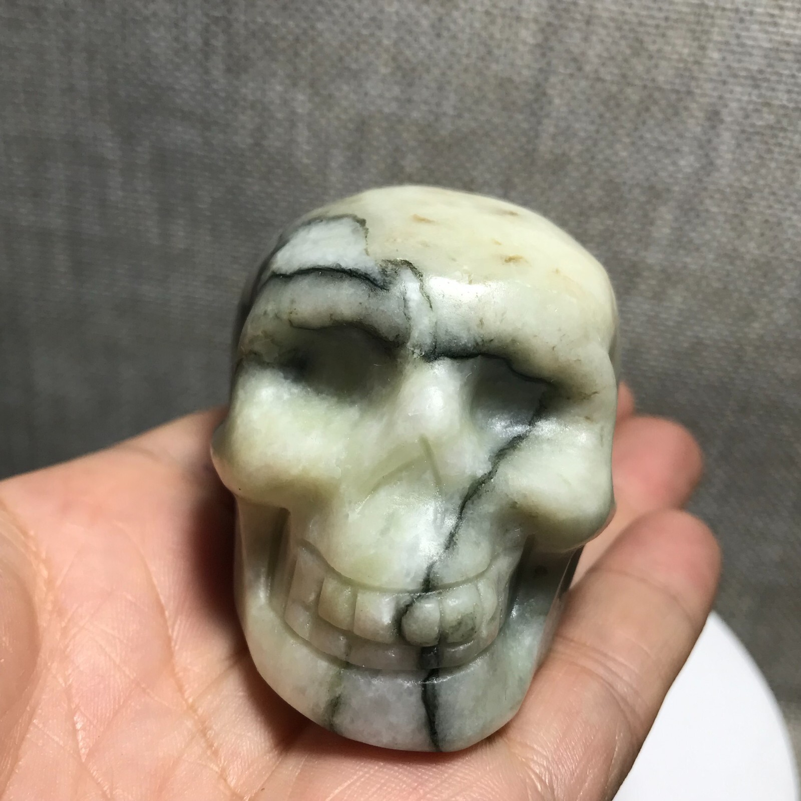 205g Natural Green Network Picasso Jasper Hand Carved Crystal Skull Realistic 10