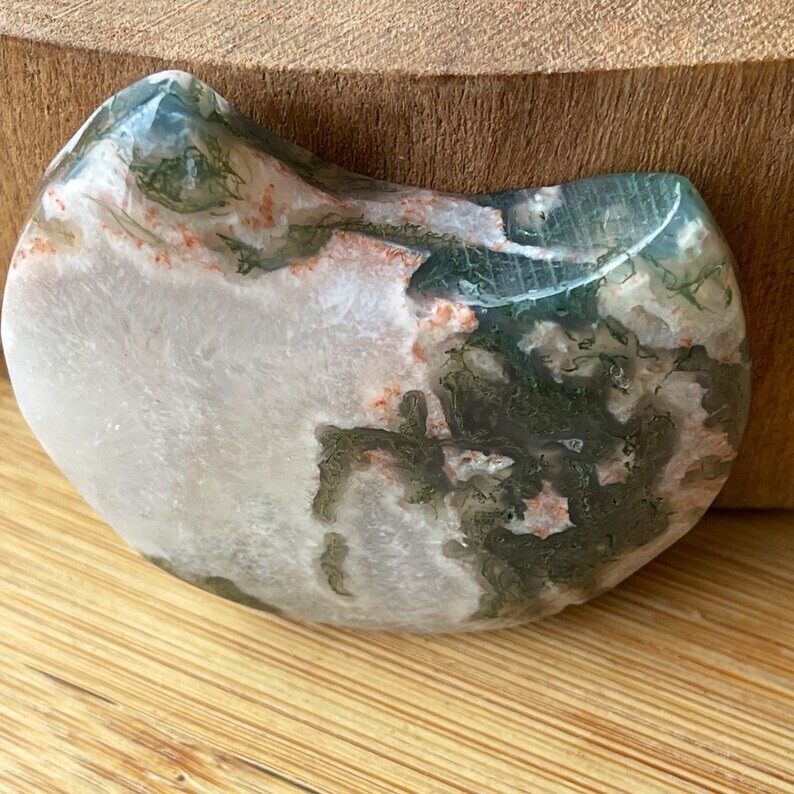 Natural Moss Agate Moon Crystal Carving W/Green Pink Moss & White Quartz