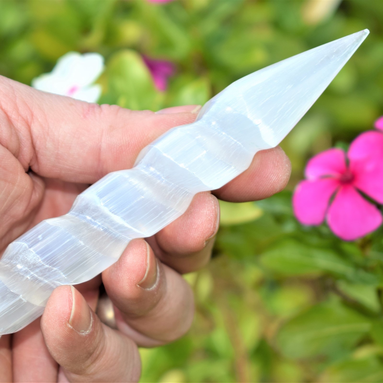 6″ Spiral Faceted Selenite Crystal Massage Wand + Baby Moroccan Selenite Heart