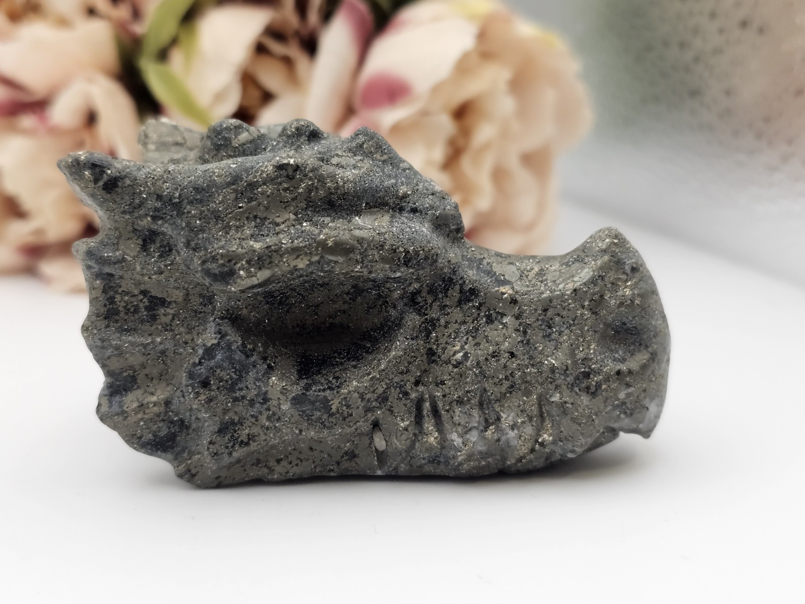 Pyrite crystal Dragon head Carving 6.7 X 4cm 193g Abundance Wealth