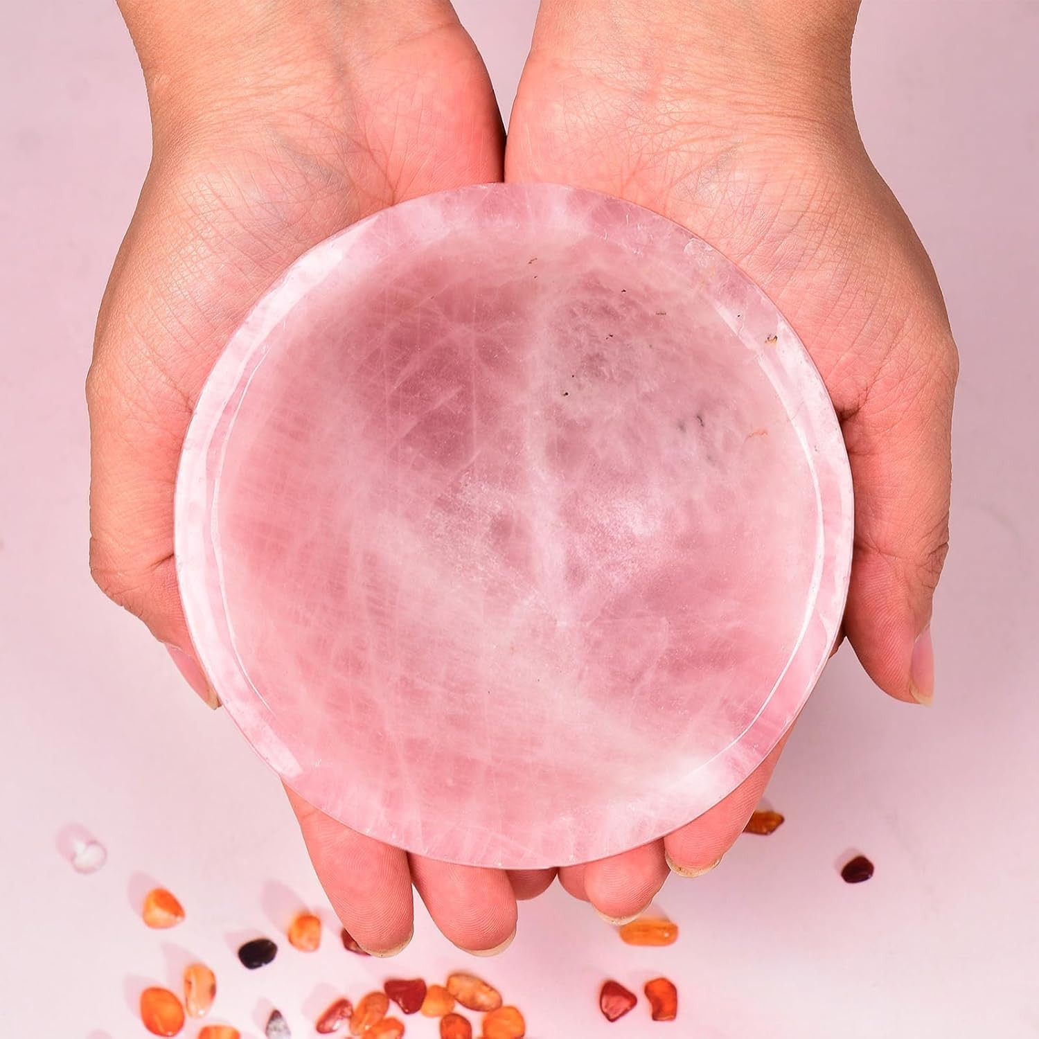 Large Rose Quartz Crystal Bowl Hand-Carved round Pink Crystals Gemstone Bowl Rei