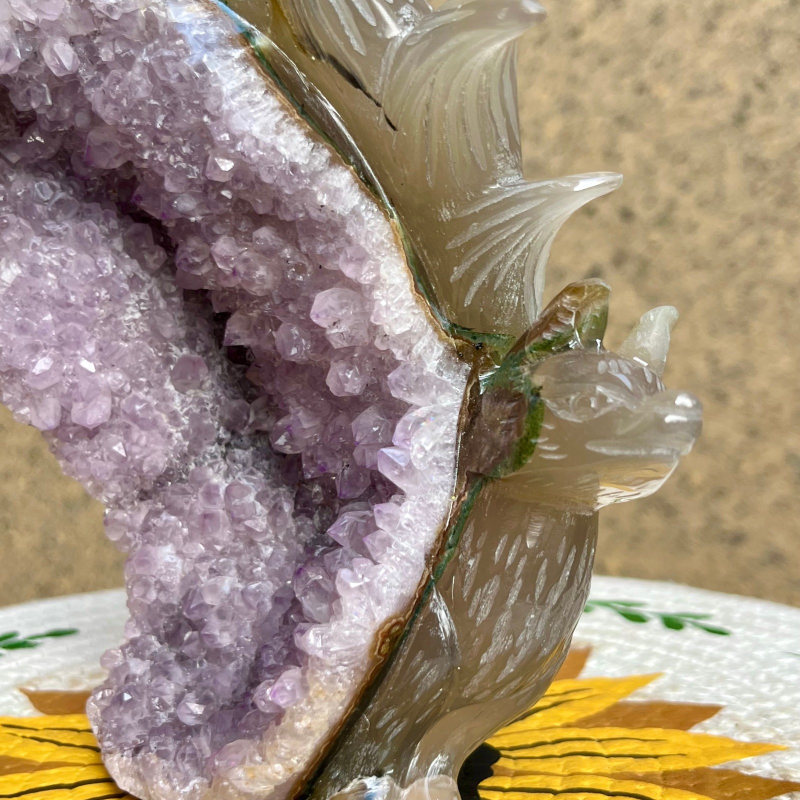2.5 lb Unique Agate Geode Druzy Fox Carving Crystal Animal Collectible Art