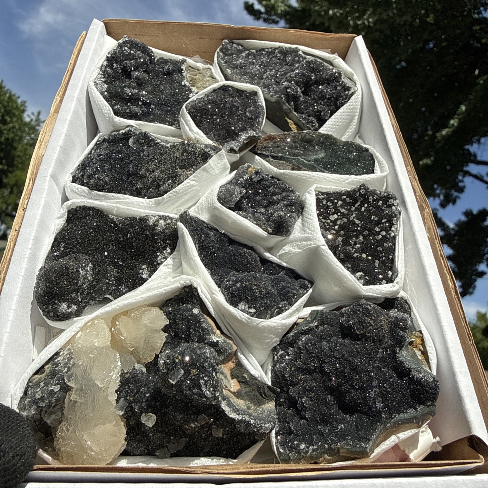 Natural Black Amethyst Zeolite With Calcite Flat! Whole Box! Crystals! Specimen!