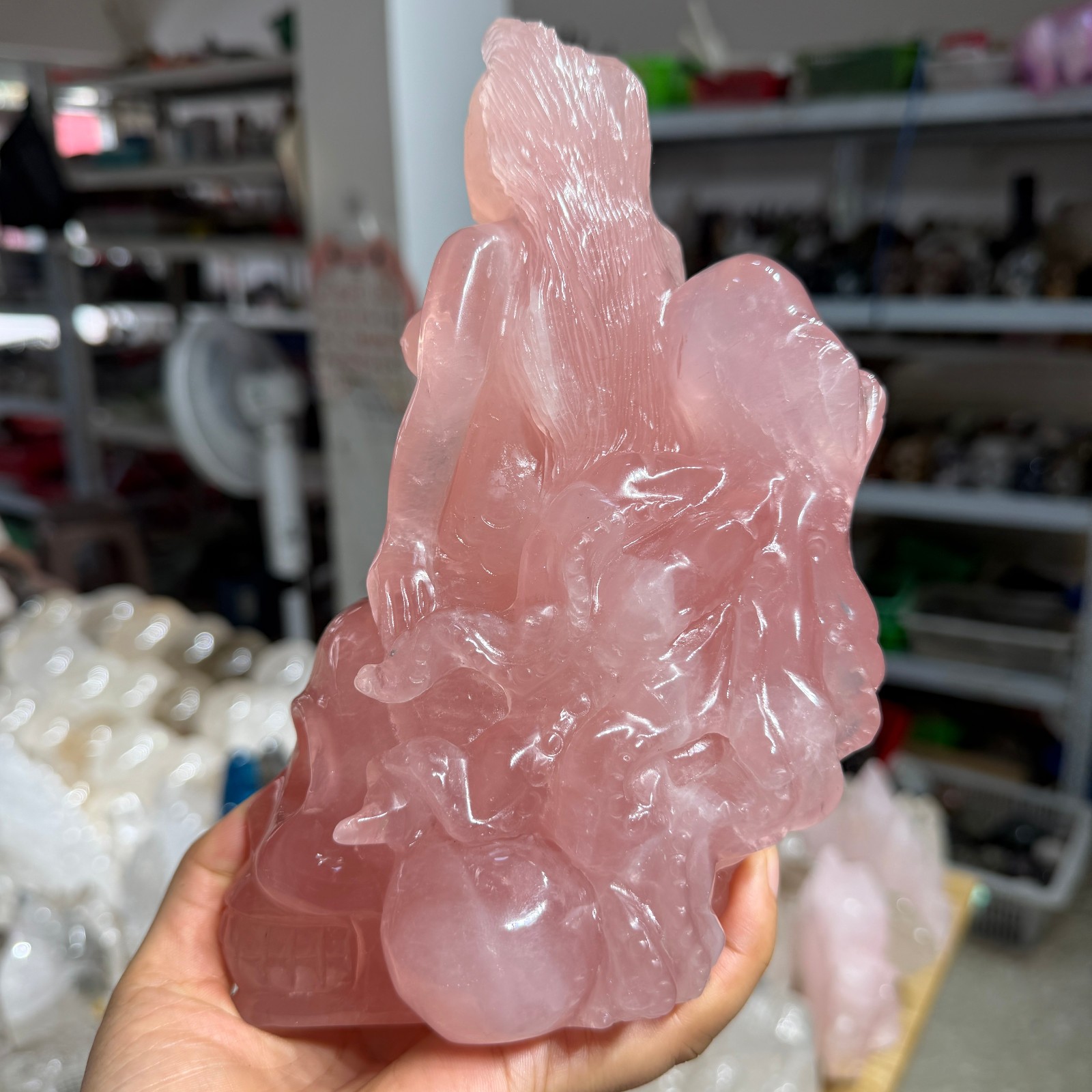5.58LB Natural rose quartz Carved Crystal mermaid Skull Reiki Healing Decor