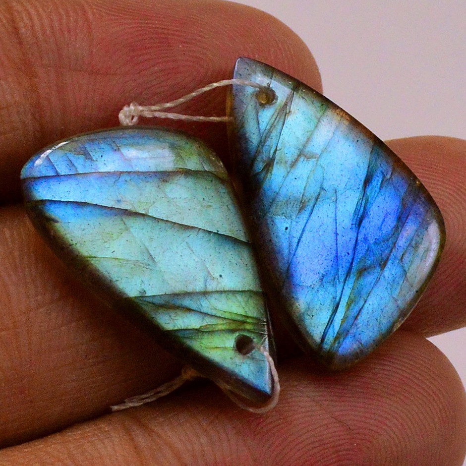 22Cts Natural Labradorite Gemstone Cabochon Front Drill Earrings 21x11mm #P3175