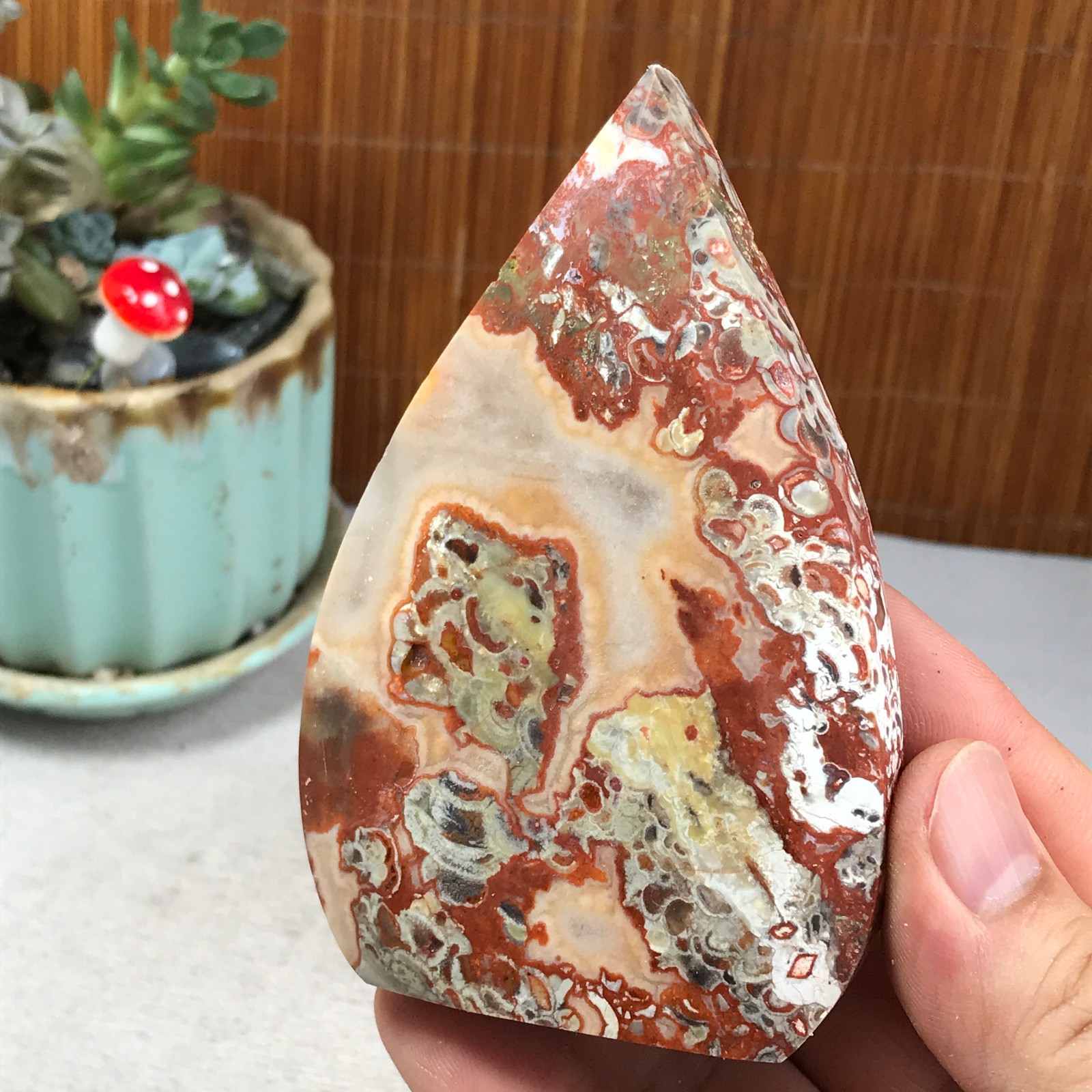Natural money Mexico agate hand carve leaf Crystal Specimen free standing A6263