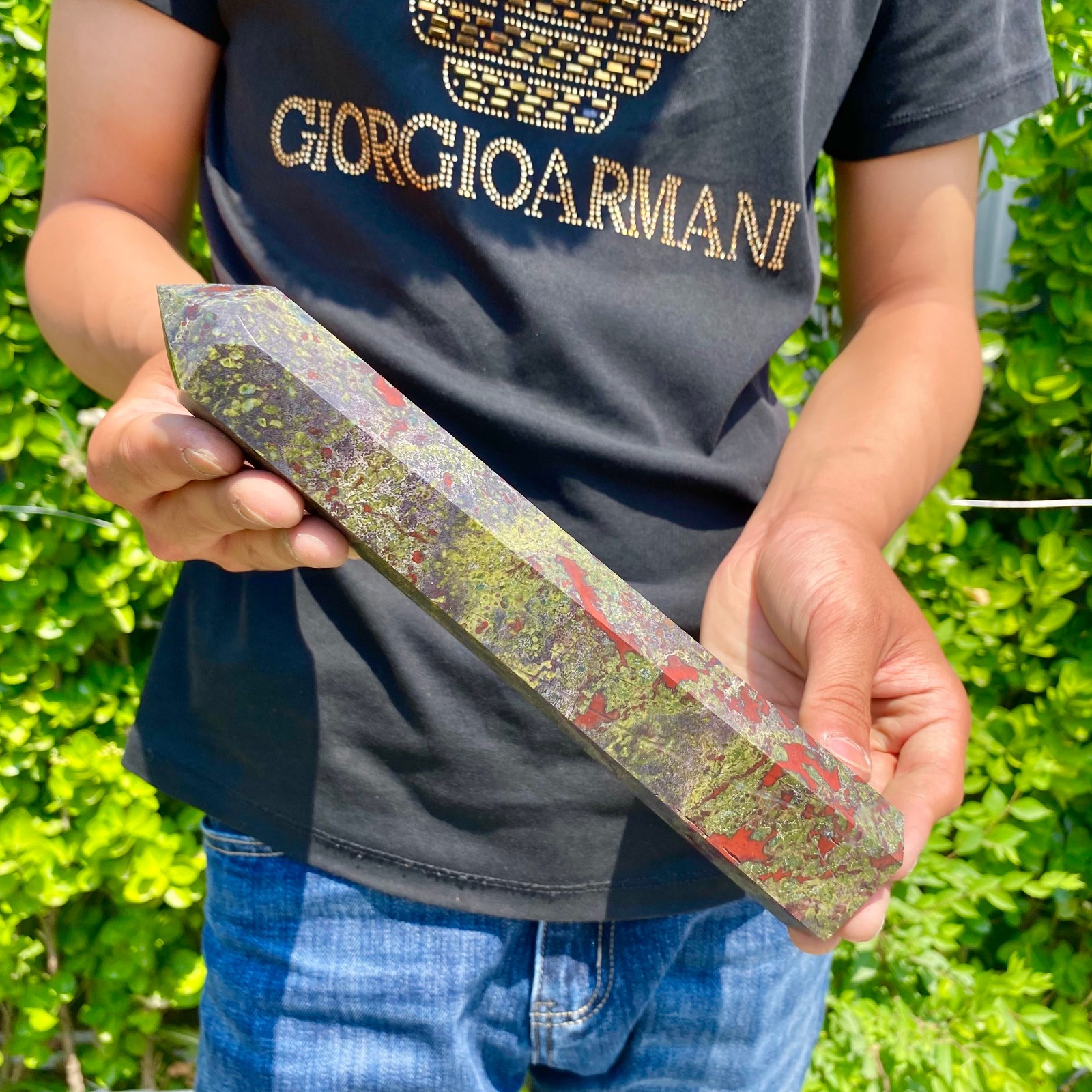 1.82LB Natural dragon’s blood stone obelisk quartz crystal column restoration