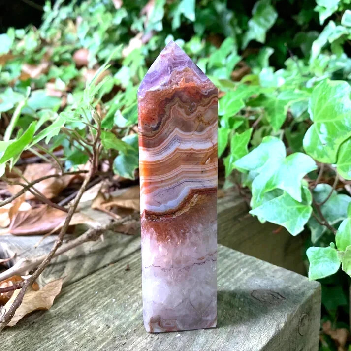 Natural Amethyst Lace Agate Crystal Tower Point Healing Stone Obelisk Home Decor