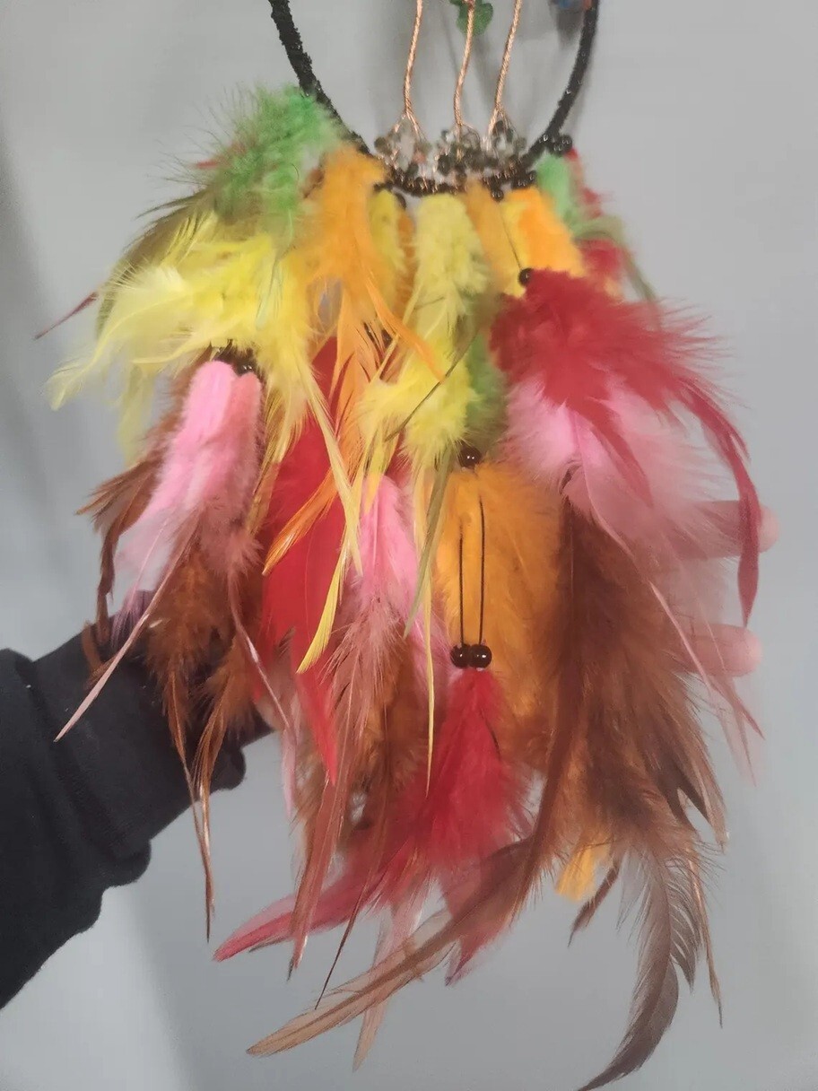 Colorful Rainbow Cats Eye Man Made Crystal Tree Feather Dreamcatcher