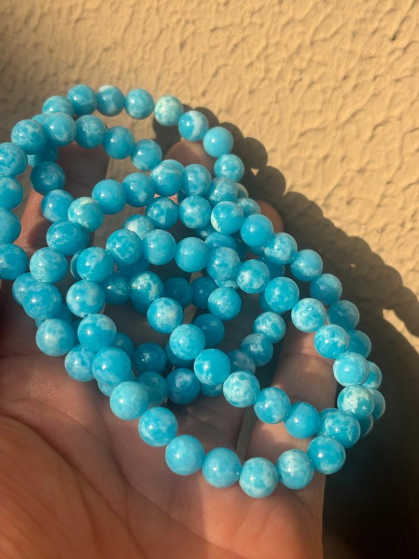 10pcs Larimar Dolphin Gemstone Round Beads 8mm Water Pattern Bracelet 7.5″