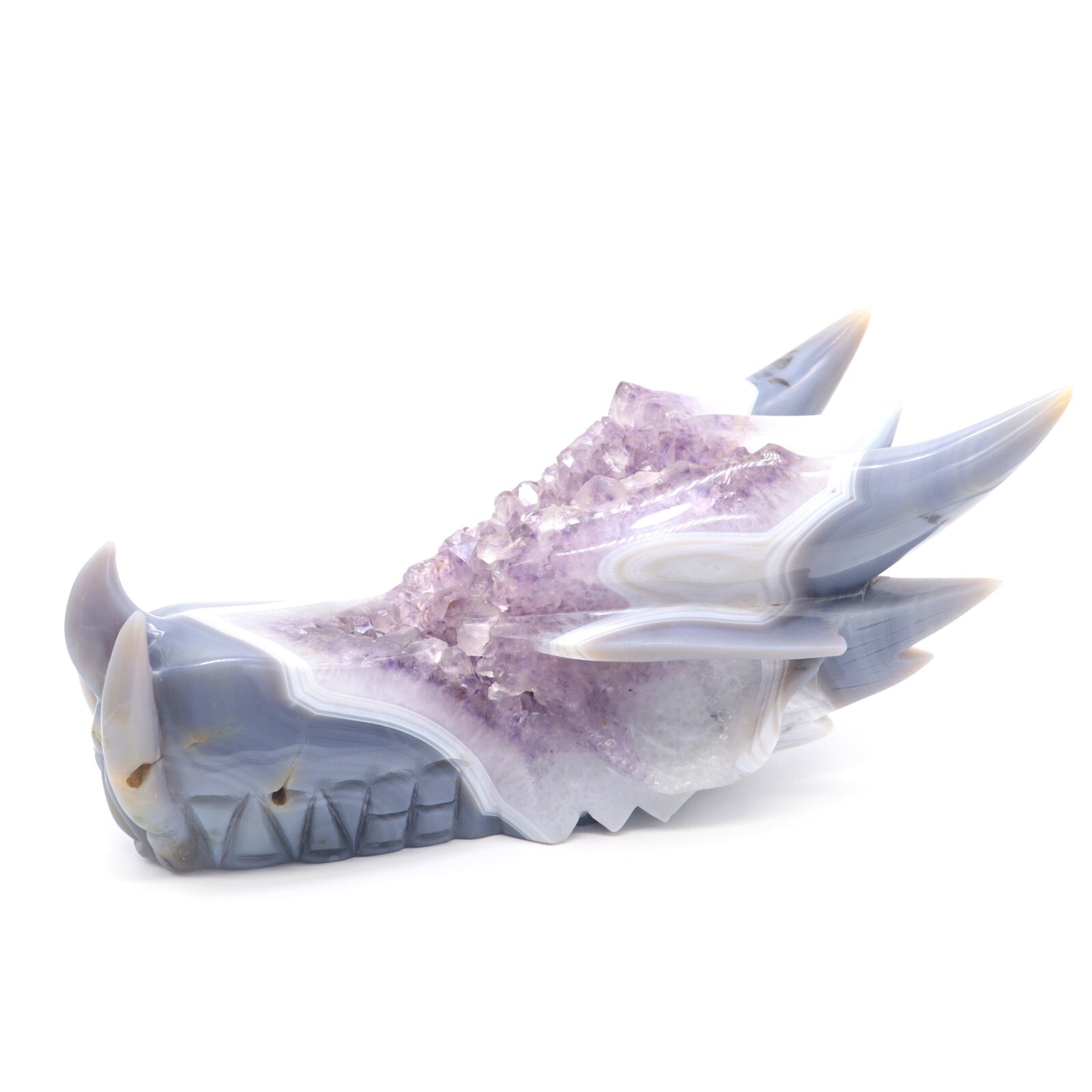10″ Agate Amethyst Cluster Hand Carved Dreagon Head Sculpture, Crystal Healing