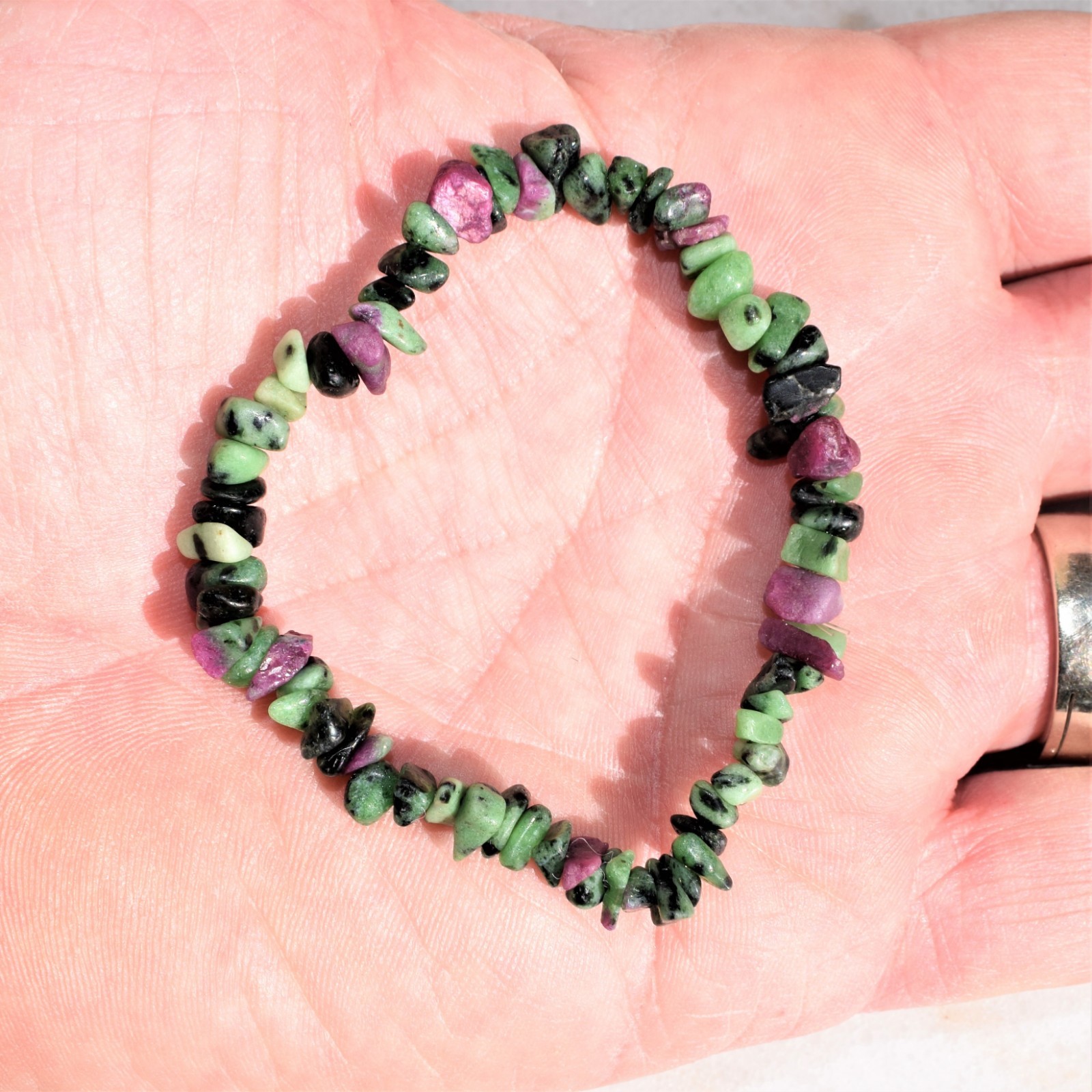 Premium Natural Ruby Zoisite Crystal Chip Stretchy Bracelet + Selenite Heart