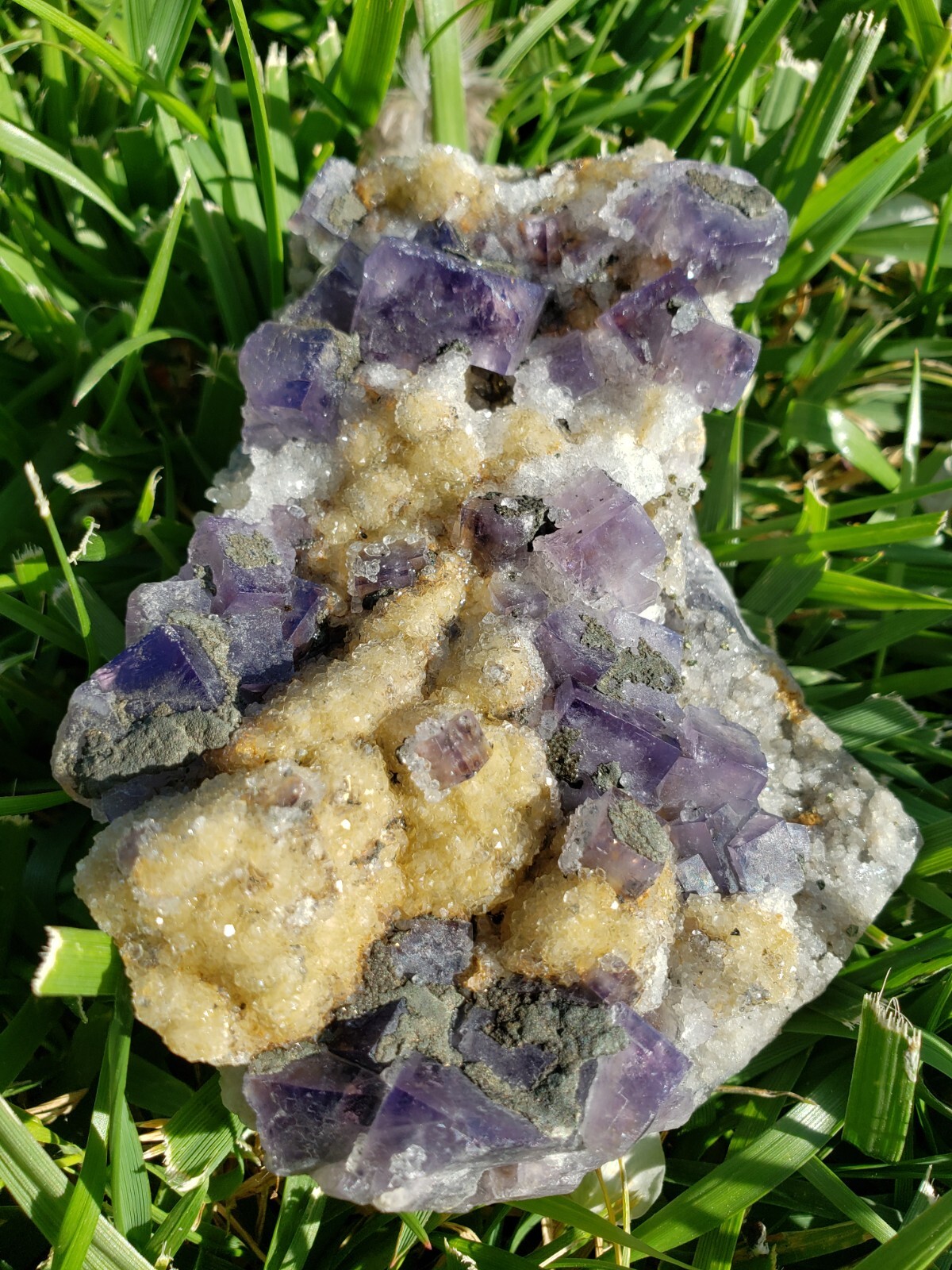 Nigerian Daylight Color-Changing Purple-Grayish Fluorite Quartz Crystal Pyrite