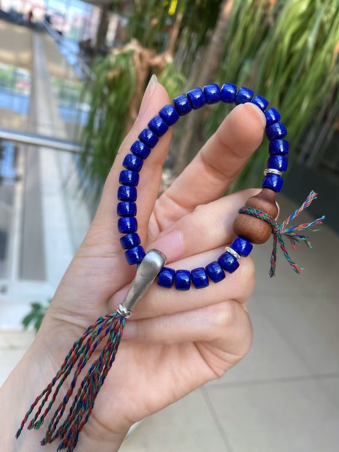 Genuine Polished Lapis Straight Cut Bead Wooden Hulu Ethnic Handmade Bracelet