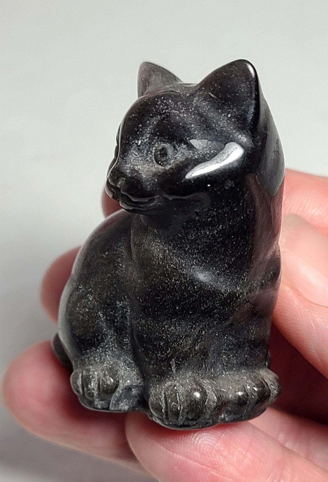 2″ 54g Adorable Silver Sheen Obsidian Sitting Cat Crystal Stone Carving Statue