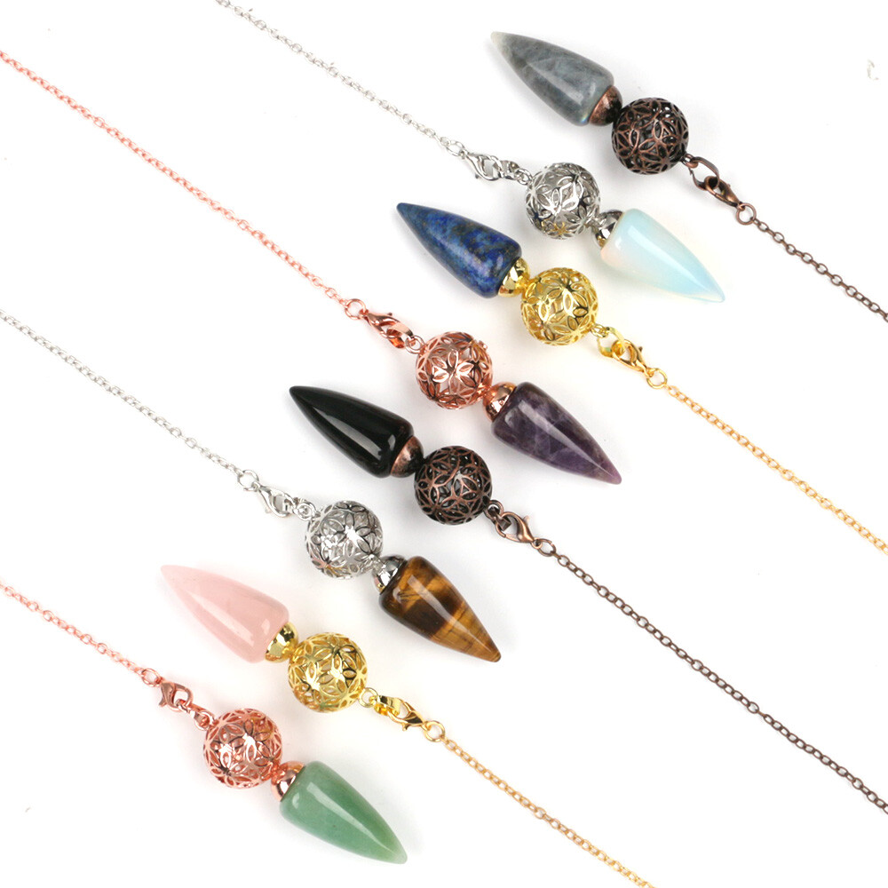1pc Bullet Cone Crystal Chakra Chain Pendulum Quartz Stone Metal Dowsing Pendant