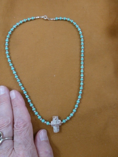 CR509-1 Fairy Stone CHRISTIAN Cross Lucky Crystal 16″ turquoise beaded necklace