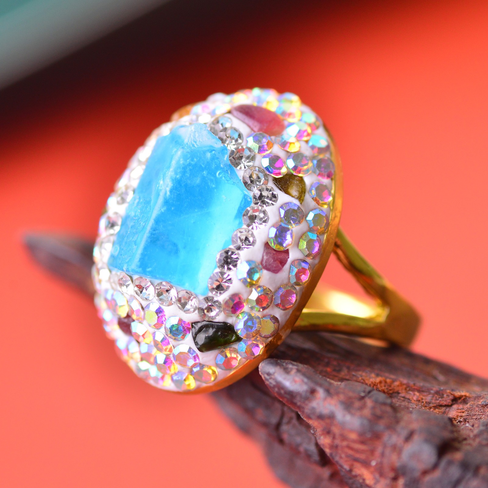 Aquamarine ring, alloy inlaid with handmade gemstone jewelry Energy Crystal