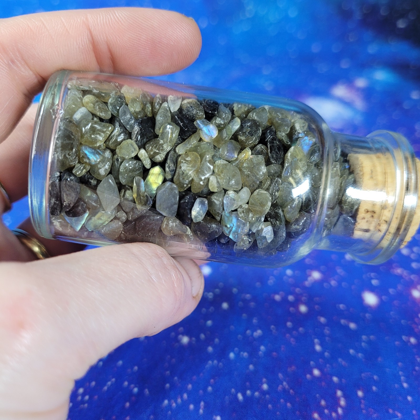 4 oz Labradorite Crystal Tumbled Chips in Vintage Glass Apothecary Jar Witchy