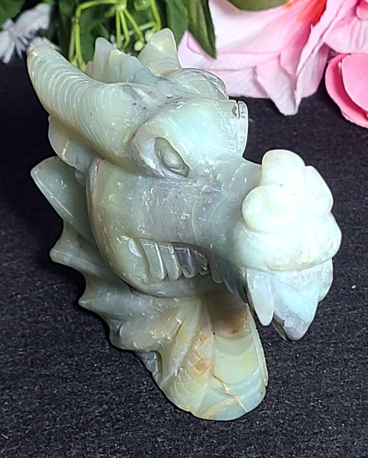 5.2″ 422g Blue Caribbean Calcite Dragon Head Crystal Skull Stone Carving Statue