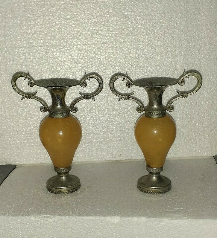 Onyx Marble Stone and Brass Bud Vases Set 1970s Collectables