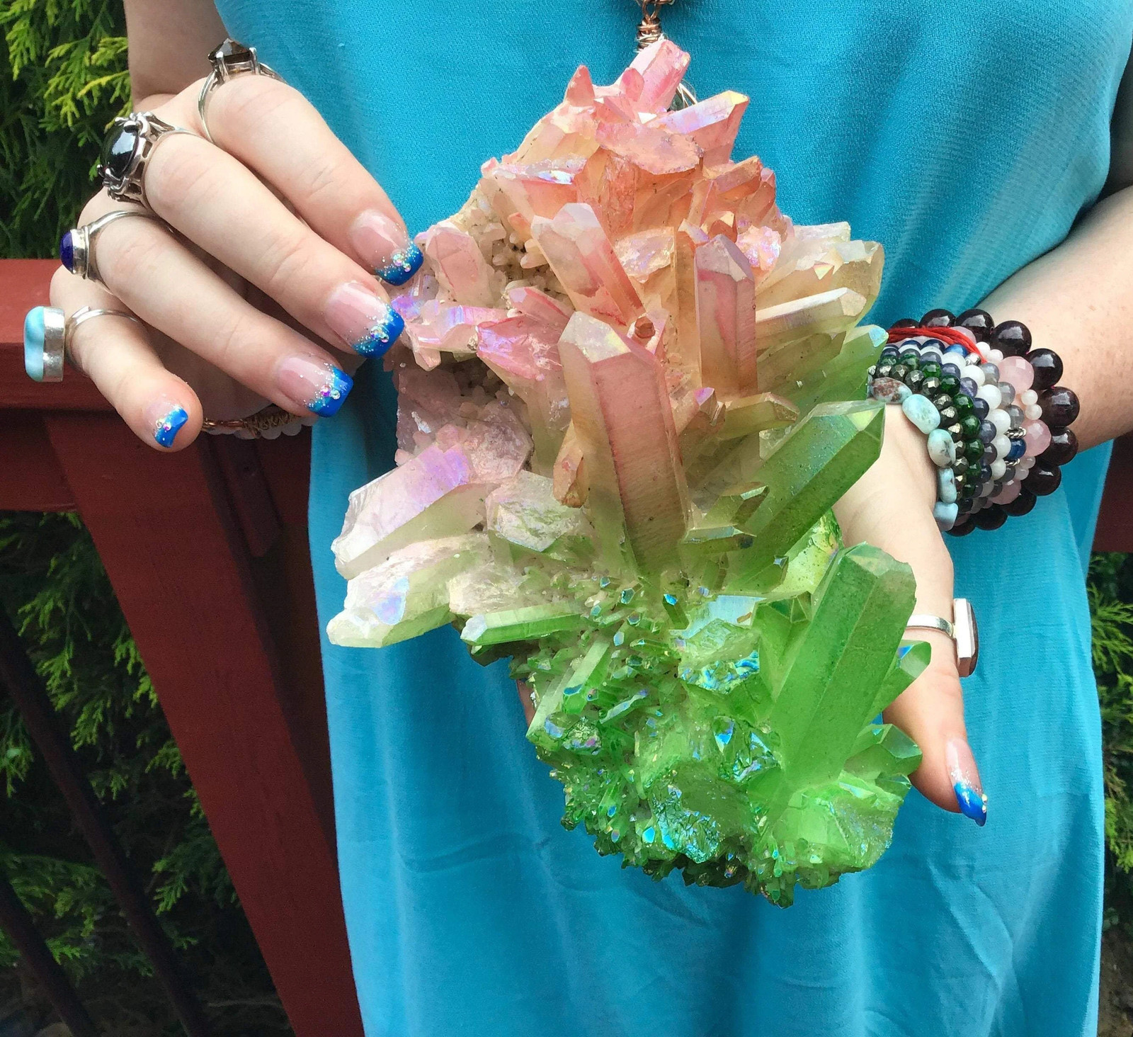 Pink & Green Aura Quartz Crystal Cluster ~ Large 2 Lb. 8 oz. ~ 8″ Long ~ Electr