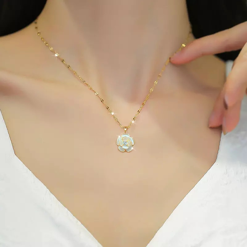 Women’s Fashion Jewelry Gold Cubic Zircon White Camellia Flower Necklace 1PC