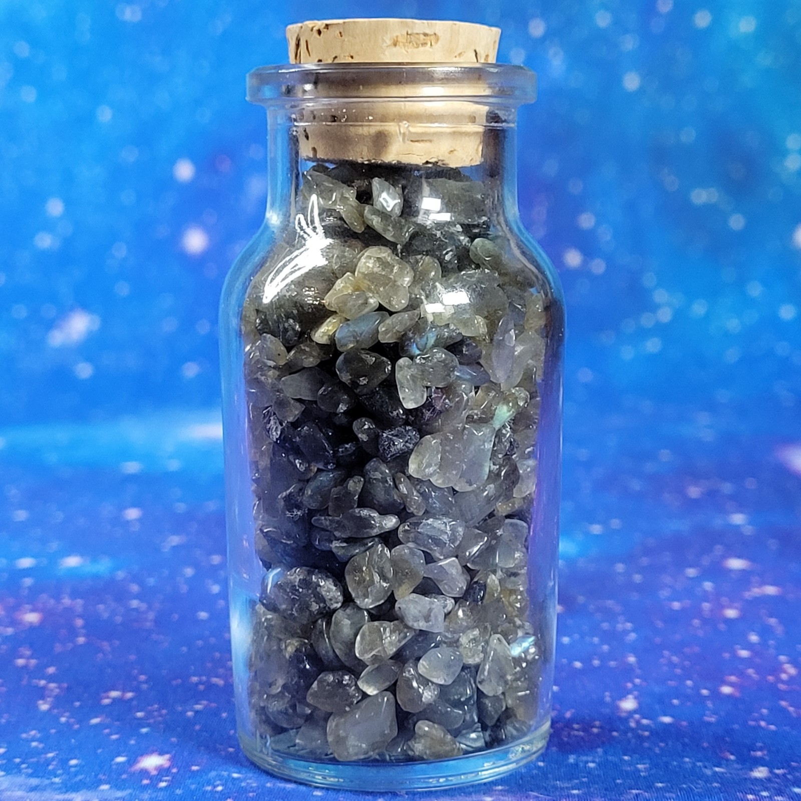 4 oz Labradorite Crystal Tumbled Chips in Vintage Glass Apothecary Jar Witchy