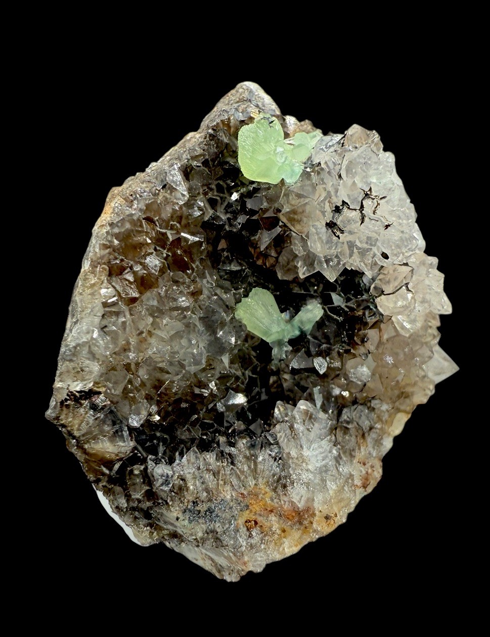 Cuprian Smithsonite On Smoky Quartz : Hilarion Mine . Attica , Greece 🇬🇷