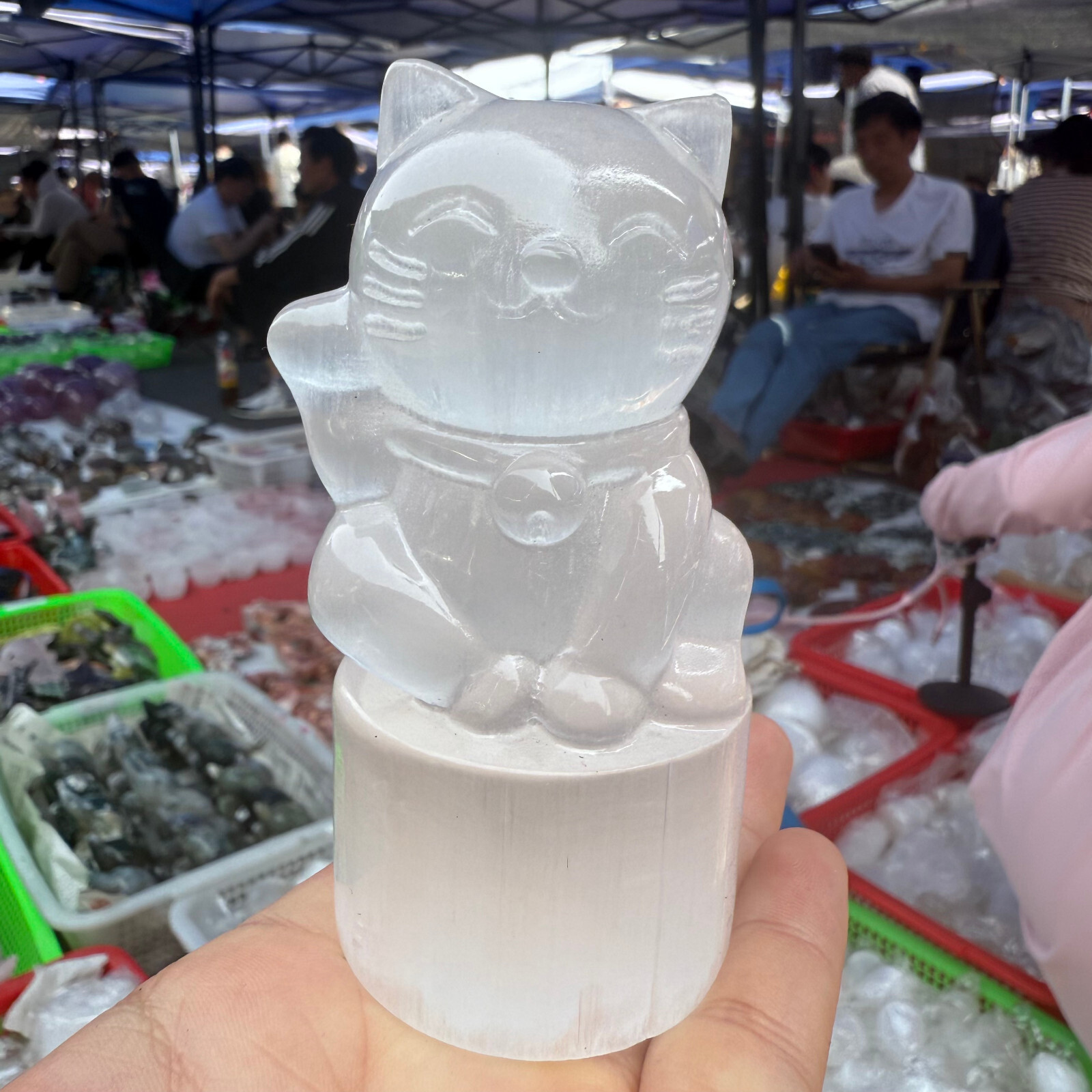 3.7″ Natural White stone paste Maneki Neko Quartz Crystal Carved Reiki Healing