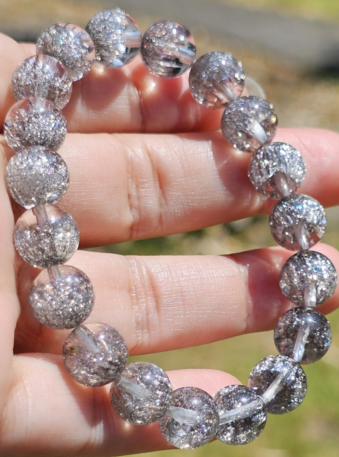 Black Fire Quartz Shiny 10mm Round Beads Unisex Stretch Bracelet