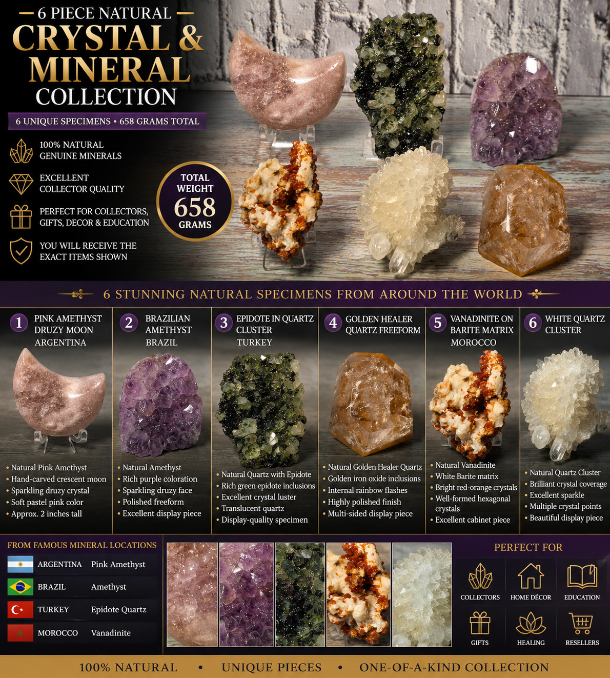 6 Pc Crystal & Mineral Collection Turkish Epidote Quartz Vanadinite Amethyst