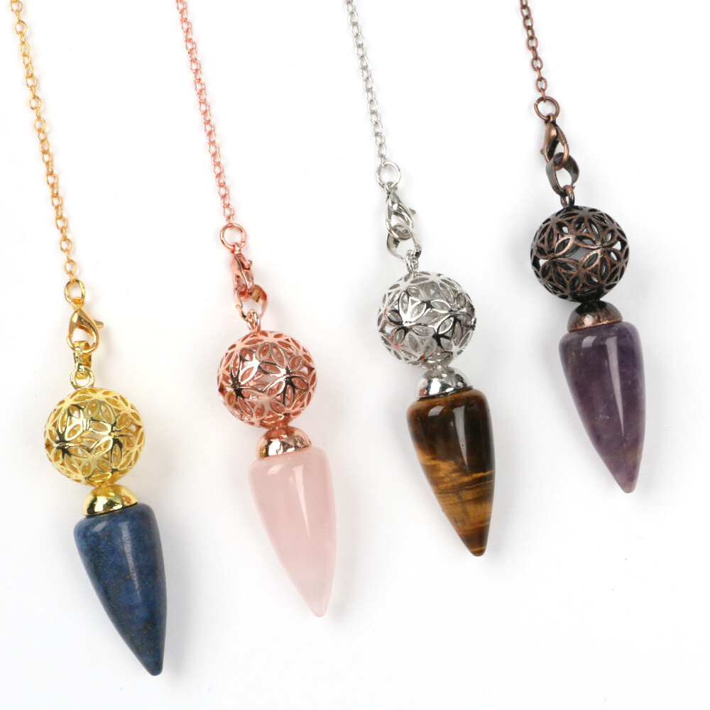 1pc Bullet Cone Crystal Chakra Chain Pendulum Quartz Stone Metal Dowsing Pendant