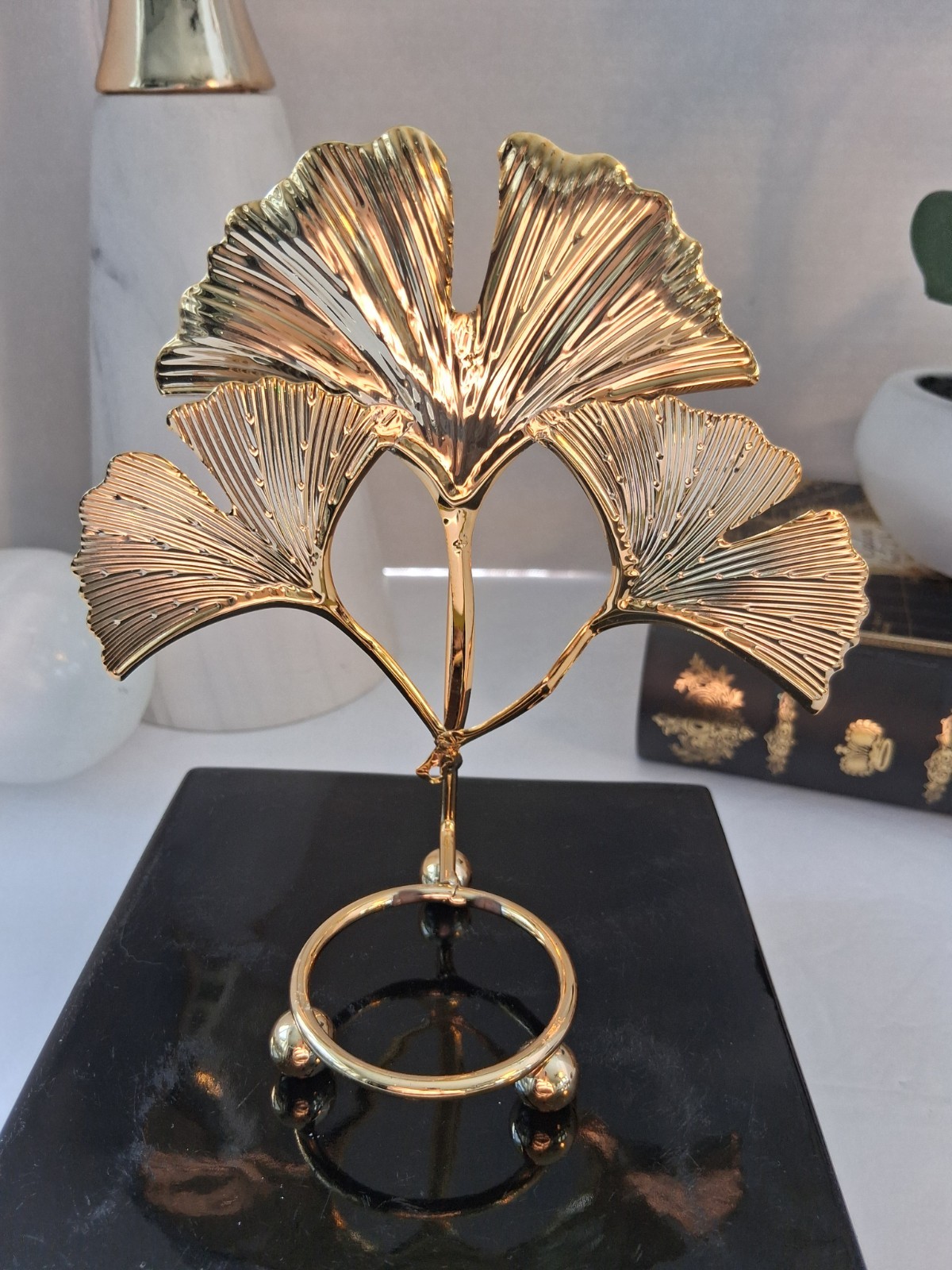 Butterfly Ginko Leaf Gold Tone Sphere Holder; w/ Solid White Quartz Sphere; New!