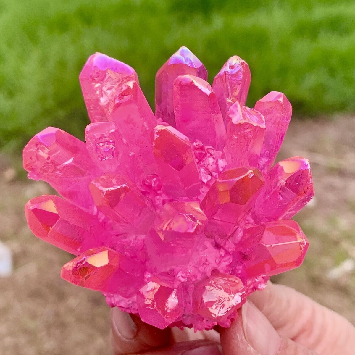 Natural Aura Titanium Pink Rose Quartz Cluster Crystal Energy Stone Geode Reiki