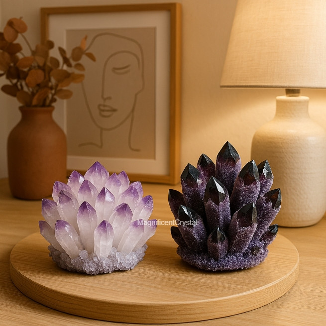 2PCS Amethyst Duo Power Set Natural Clusters Light & Dark Purple Crystal Decor