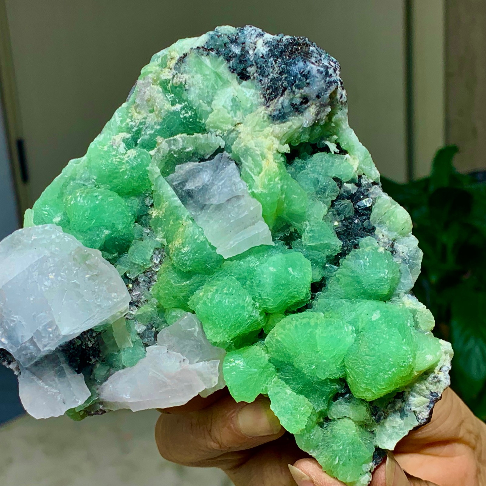 462G Natural beautiful spherical prehnite with calcite quartz crystal mineral