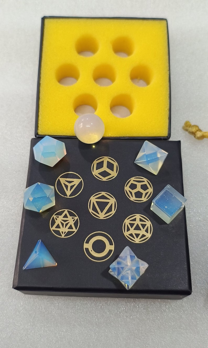 Opalite Platonic Solids Set 7 Pieces, With Premium Box, Opalite Geometry Set.