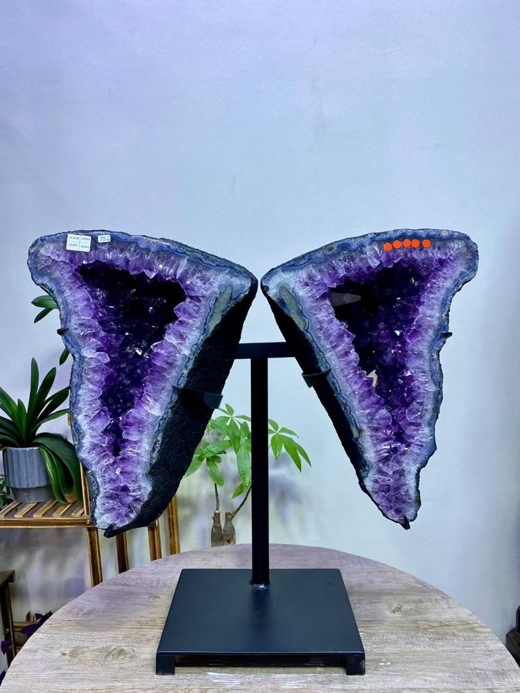 78LB Natural Amethyst Butterfly Geode Quartz Crystal Amethyst Cave + Stand
