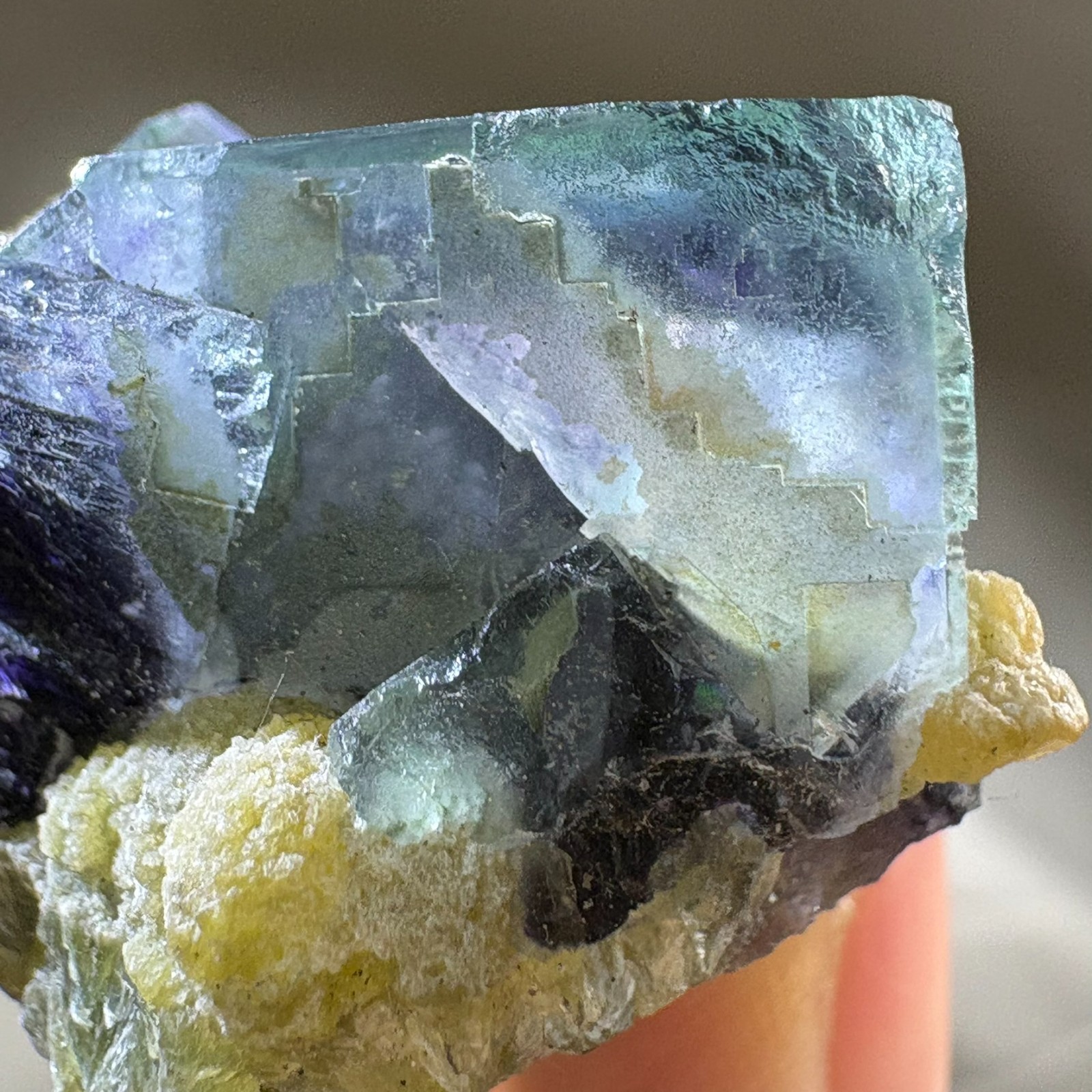 Natural Phantom Fluorite w/ Green Mica Raw Mineral Specimen w/ Acrylic Stand