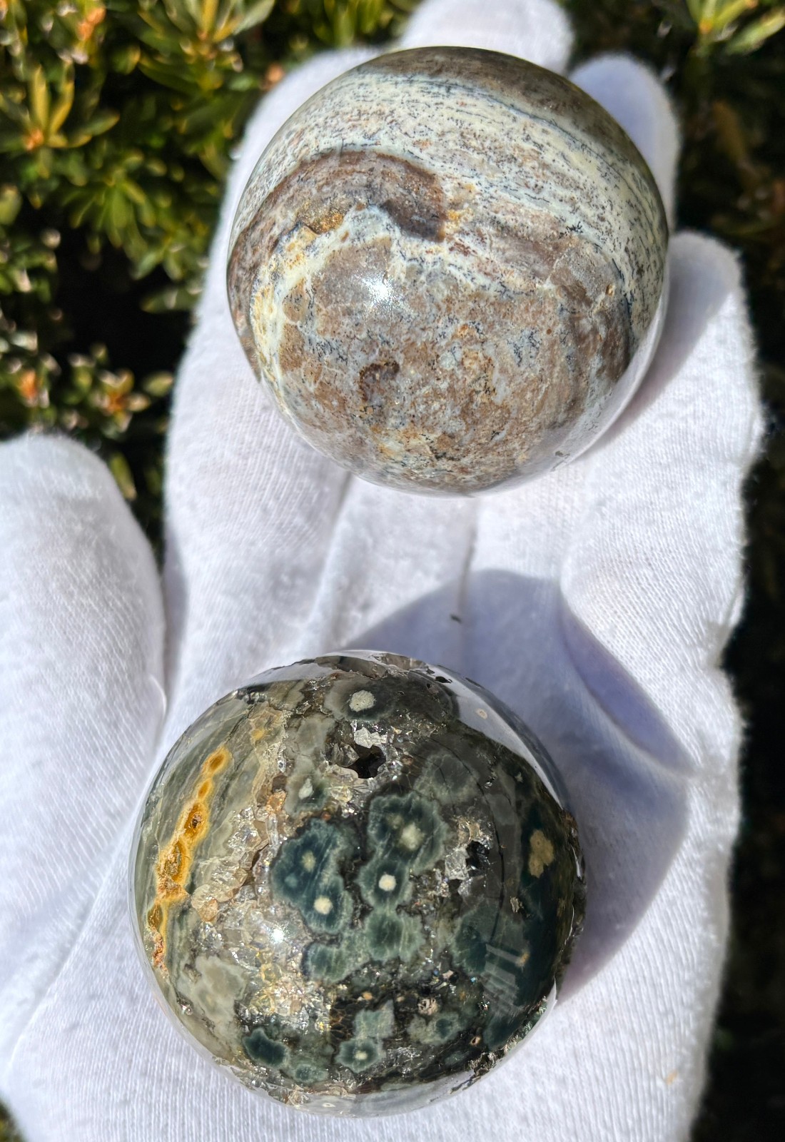 246g LOT 2 OJ OCEAN JASPER SPHERES SPARKLY DRUZY VUGS Kabamby SPHERE ORB ORBS