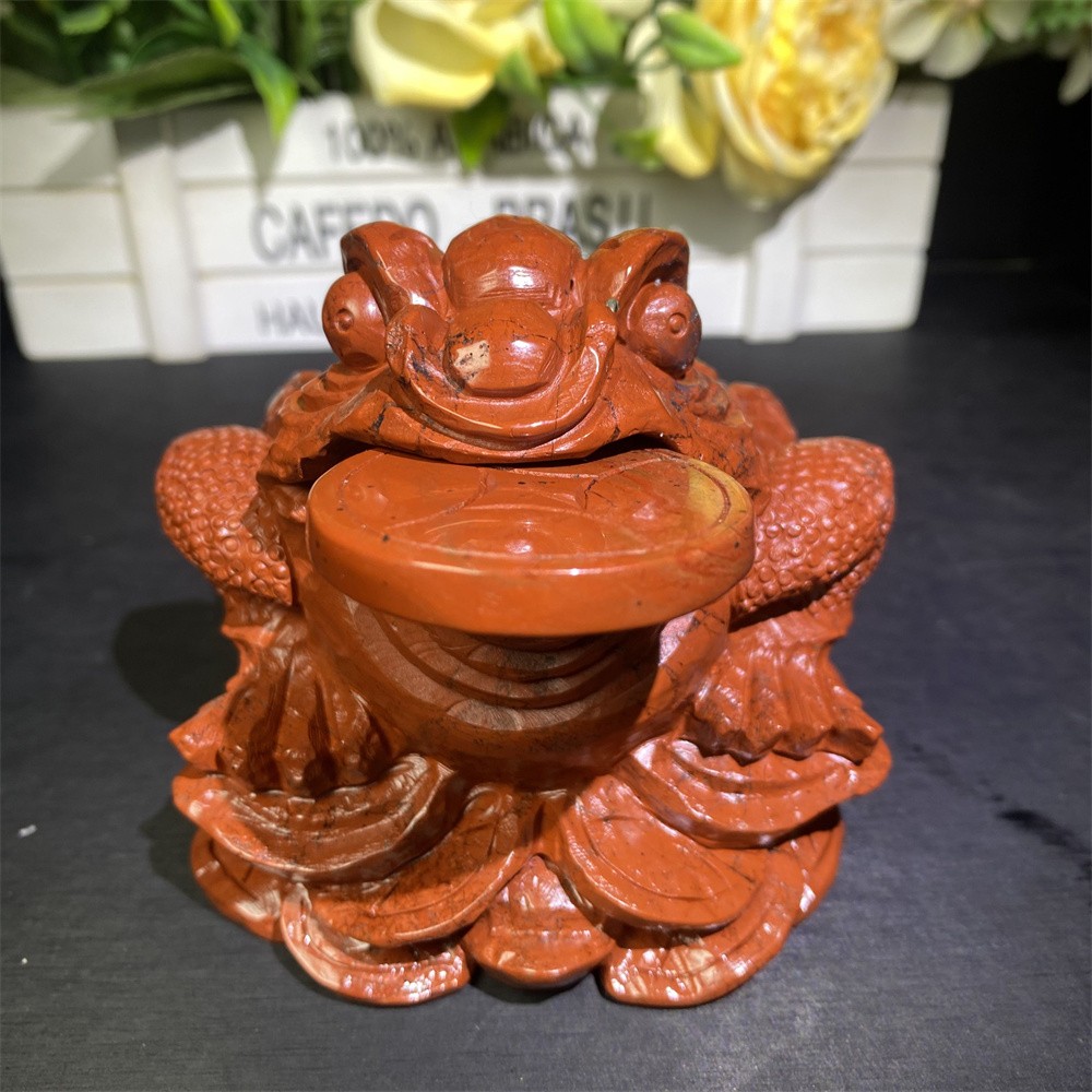 3LB 4.2″Natural A+Red Jasper Golden Toad Statue Crystal Reiki Carving Decor