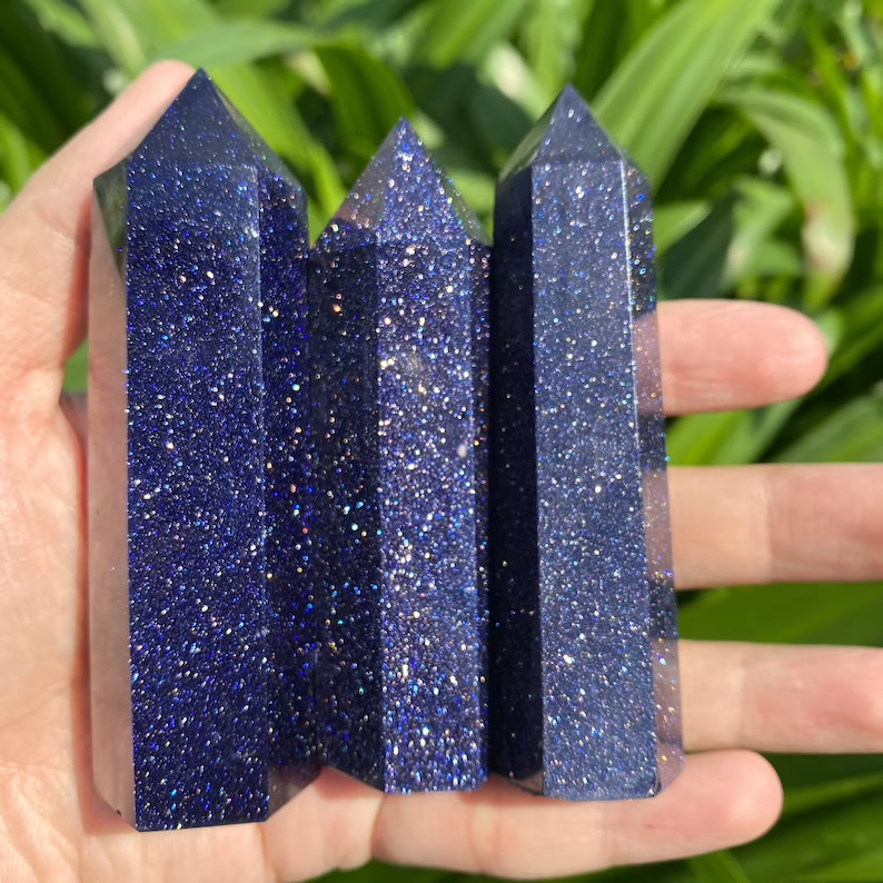 Blue Goldstone Natural Crystal Wand Obelisk Reiki Tower Point Home Car Ornament