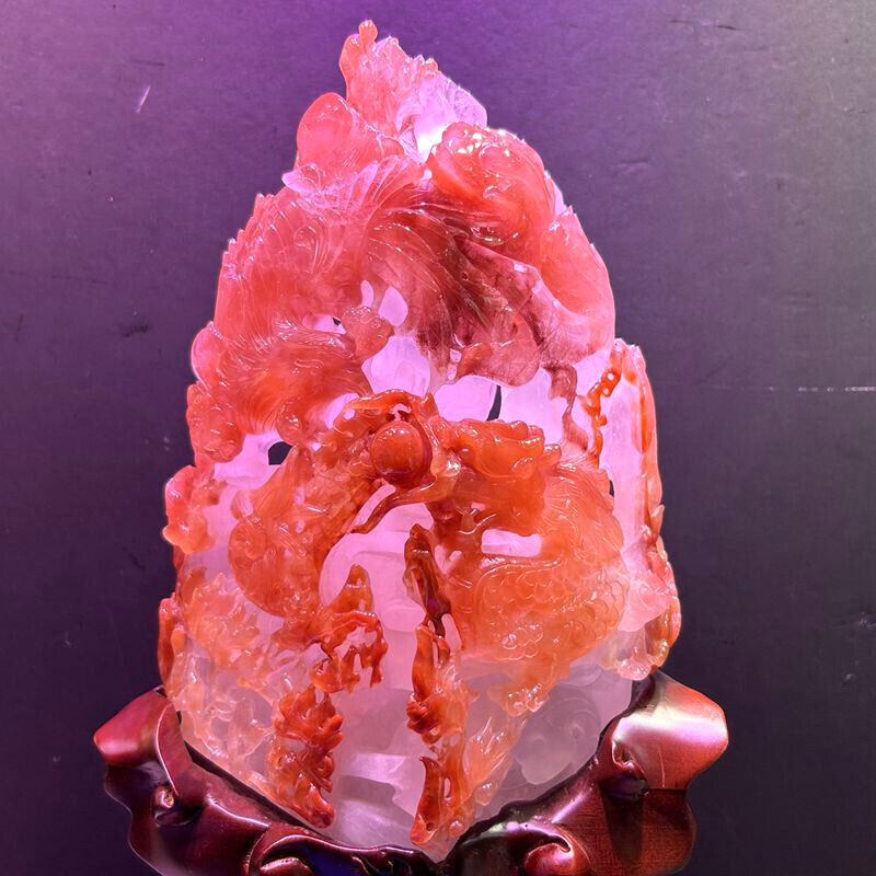 12LB Top Natural Red quartz crystal Dragon + Phoenix Carved Crystal skull Reiki