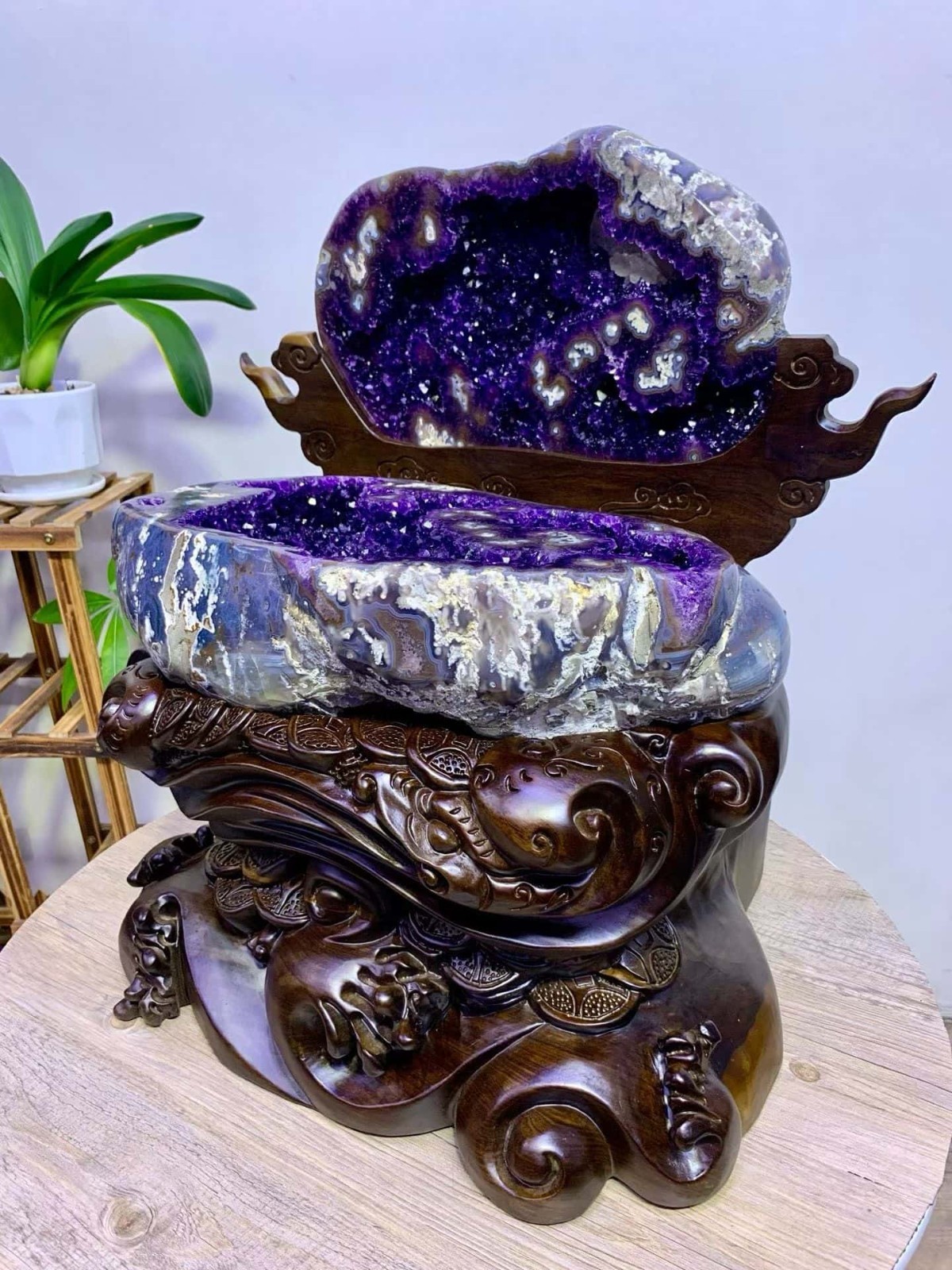 123.LB Large! Natural A treasure basin of amethyst cave in Uruguay Reiki + Stand